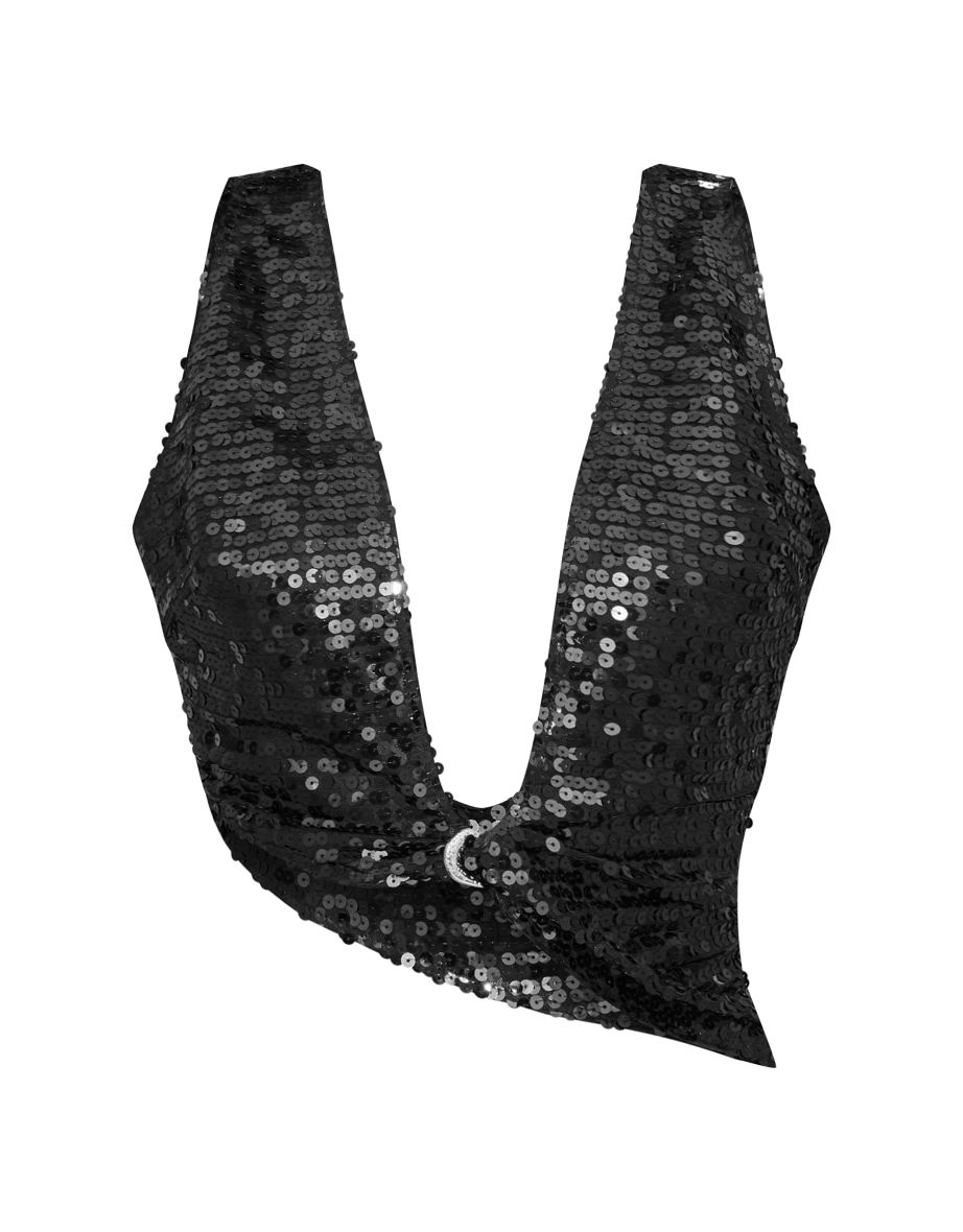 Black Sequin Sleeve Plunge Metal Detail Bralette - 4