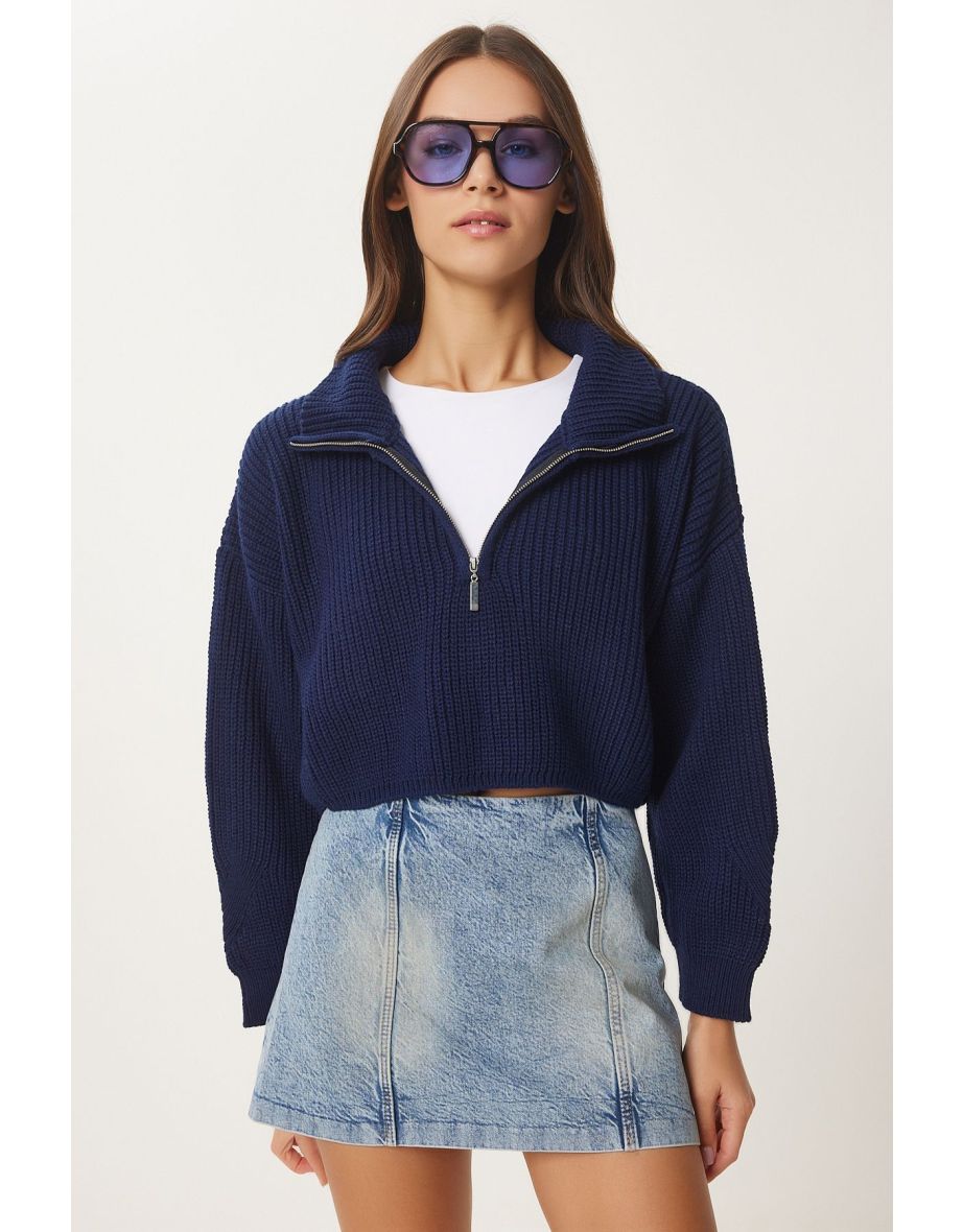 Women's Navy Blue Zip Turtleneck Knitwear Sweater