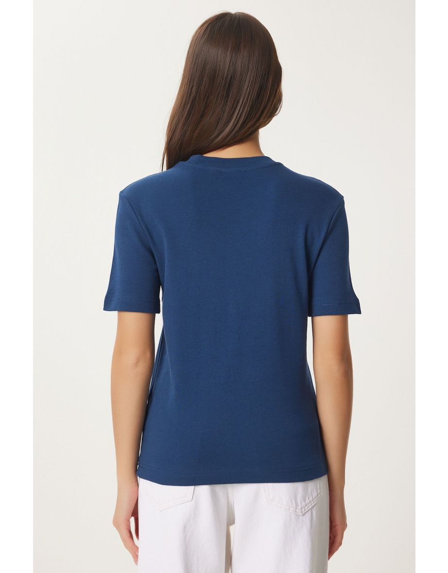 Women's Cobalt Blue Cotton Basic Knitted T-Shirt - 3
