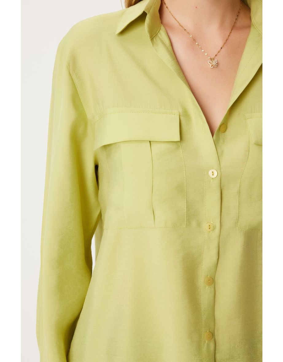 Women's Oil Green Wide Pocket Tencel Shirt - 5
