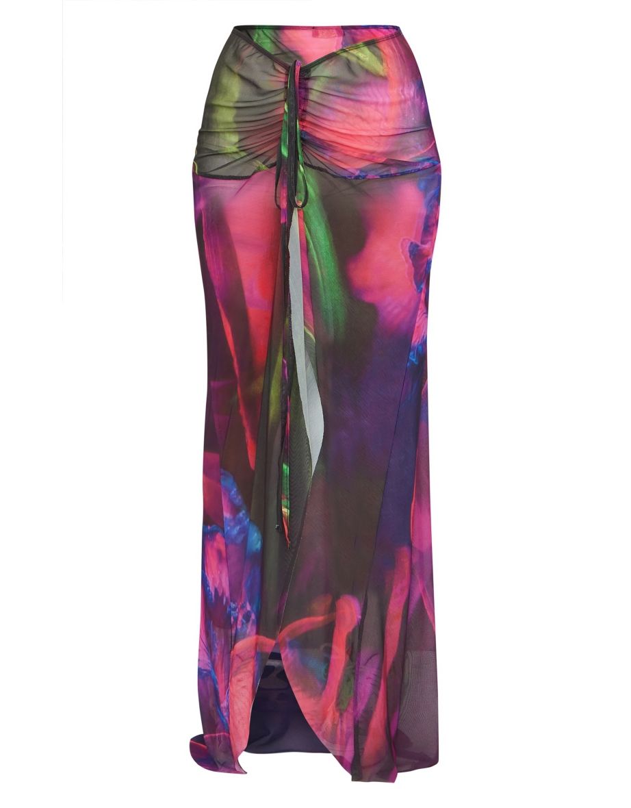 Multi Abstract Print Mesh Ruched Tie Maxi Skirt - 4