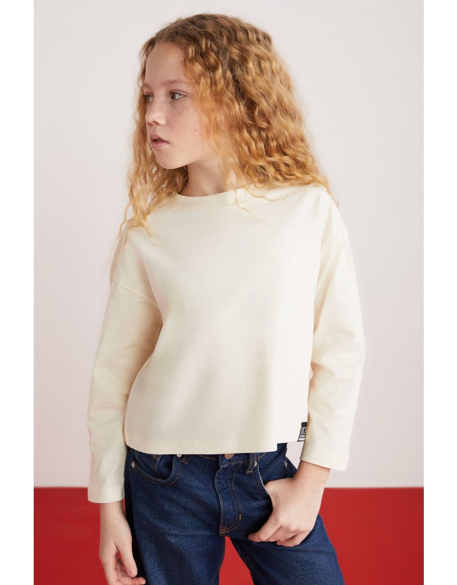 Nicola Girl's 100% Cotton Long Sleeve Crew Neck Crop Ecru T-shirt - 5