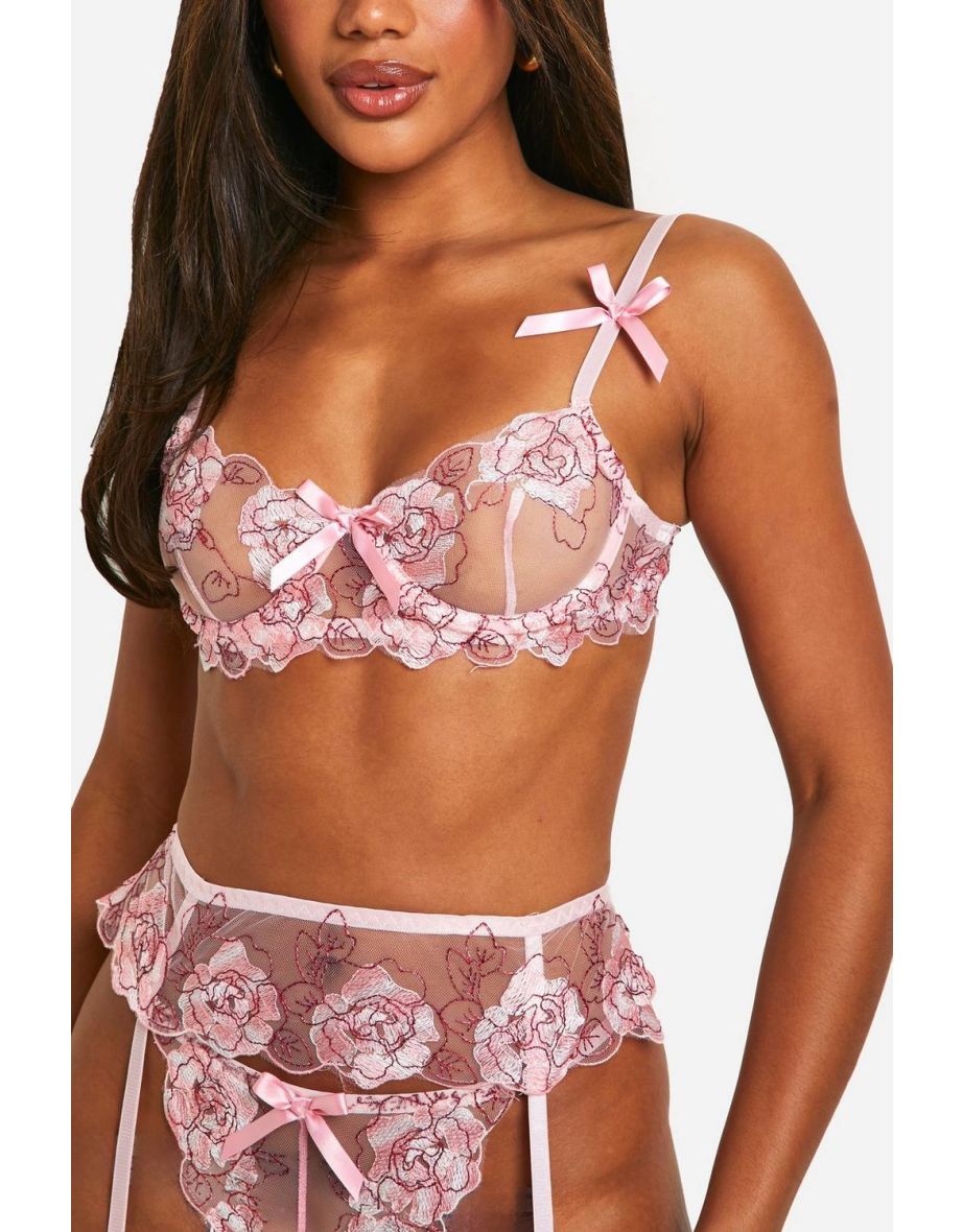 Rose Lace Bra, Thong And Suspender Set - pink - 3