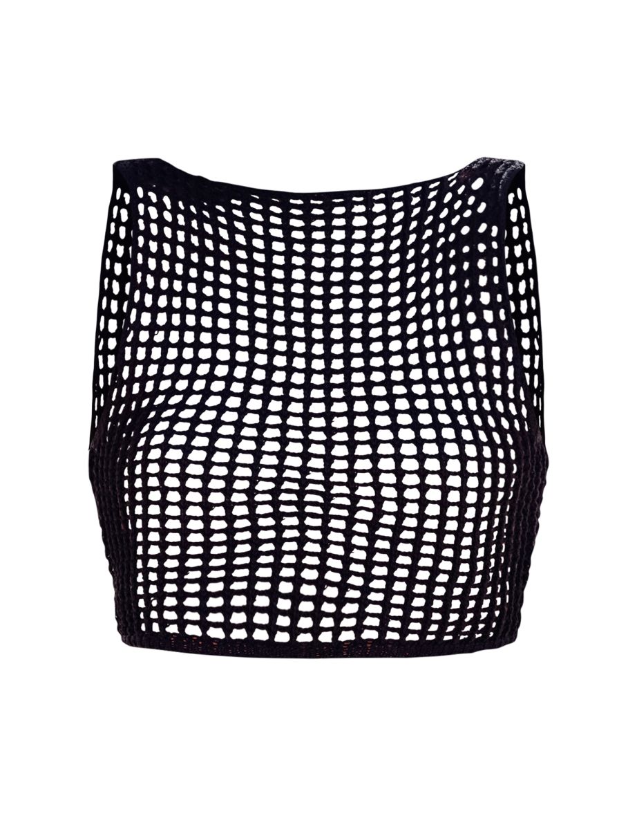 Black Crochet Knit Open Back Racer Top - 4
