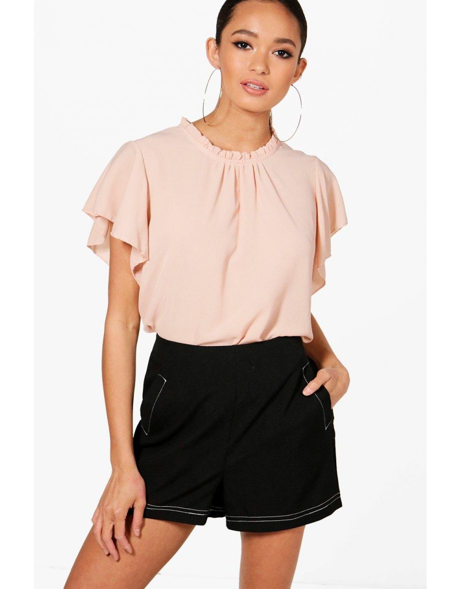 Lily Woven Frill Sleeve & Neck Blouse - nude