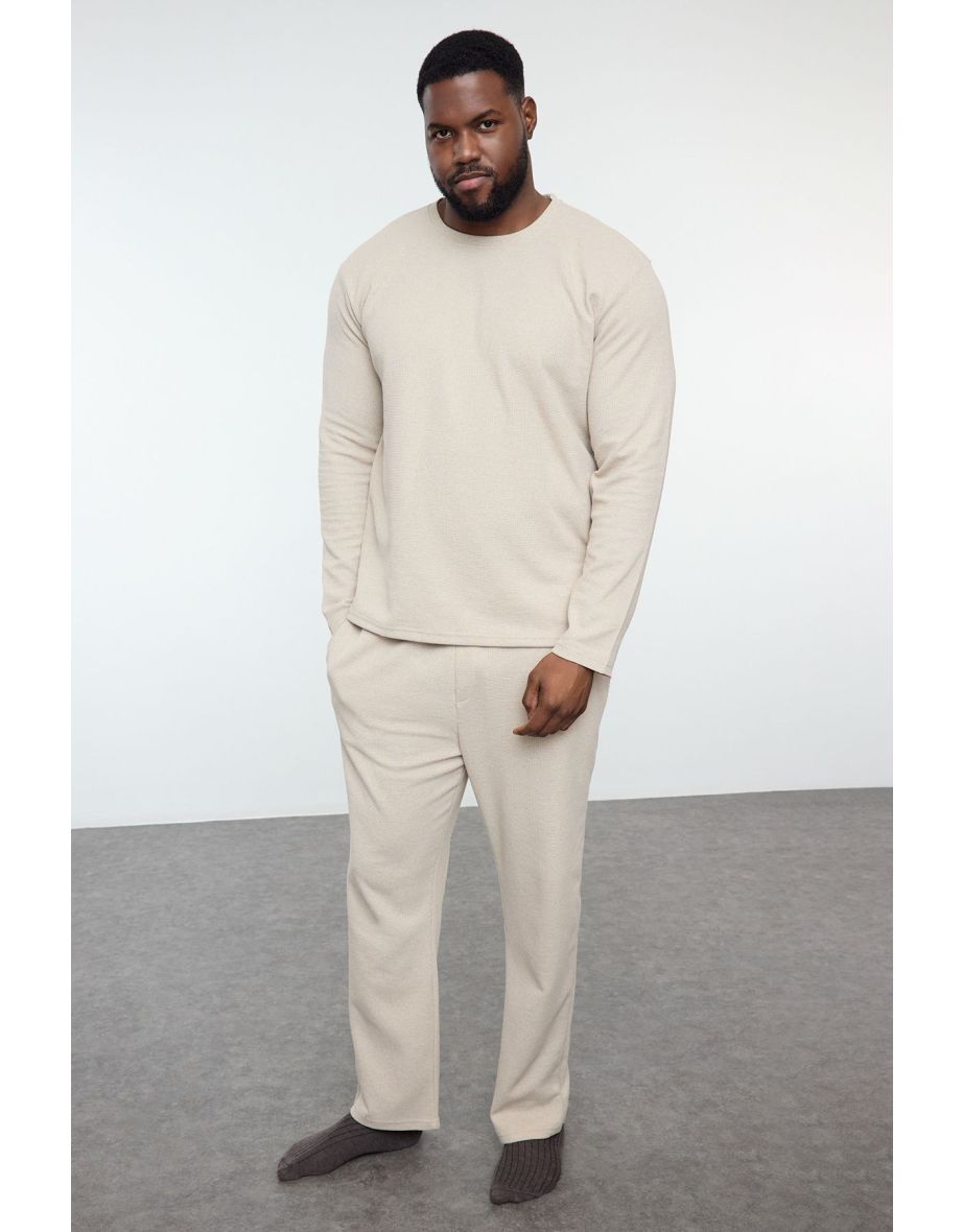 Beige Men's Regular Fit Knitted Plus Size Pajama Set