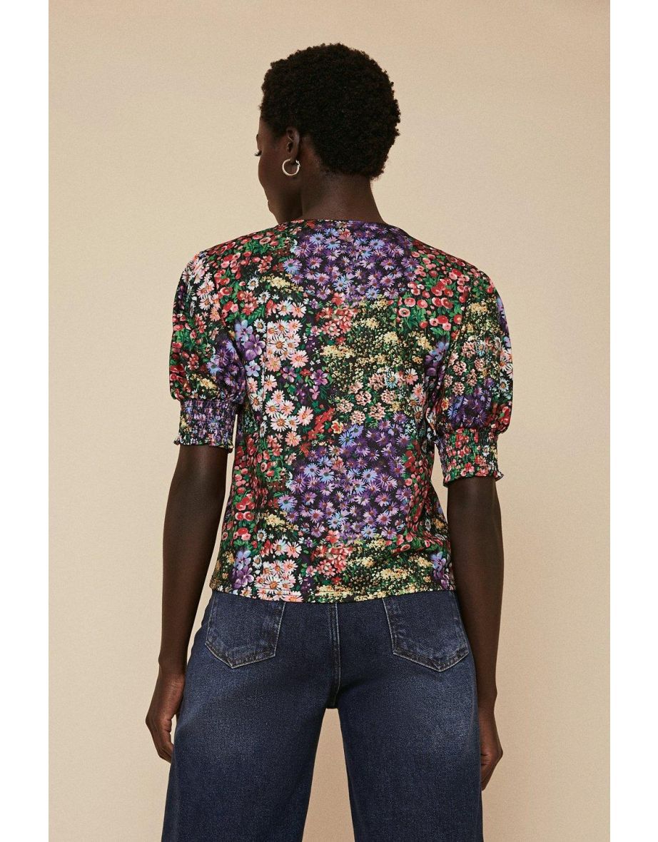 Floral Shirred Cuff T-shirt - 2