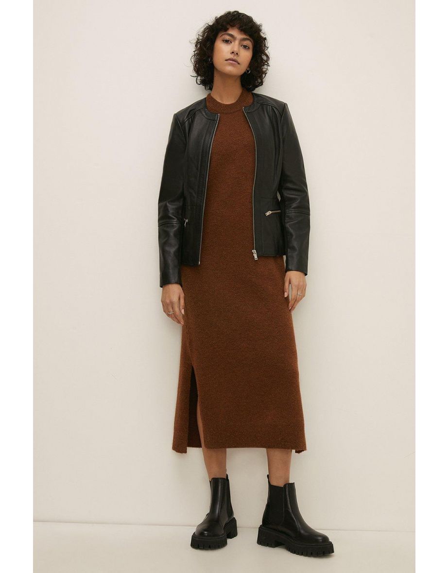 Oasis black collarless leather jacket sales