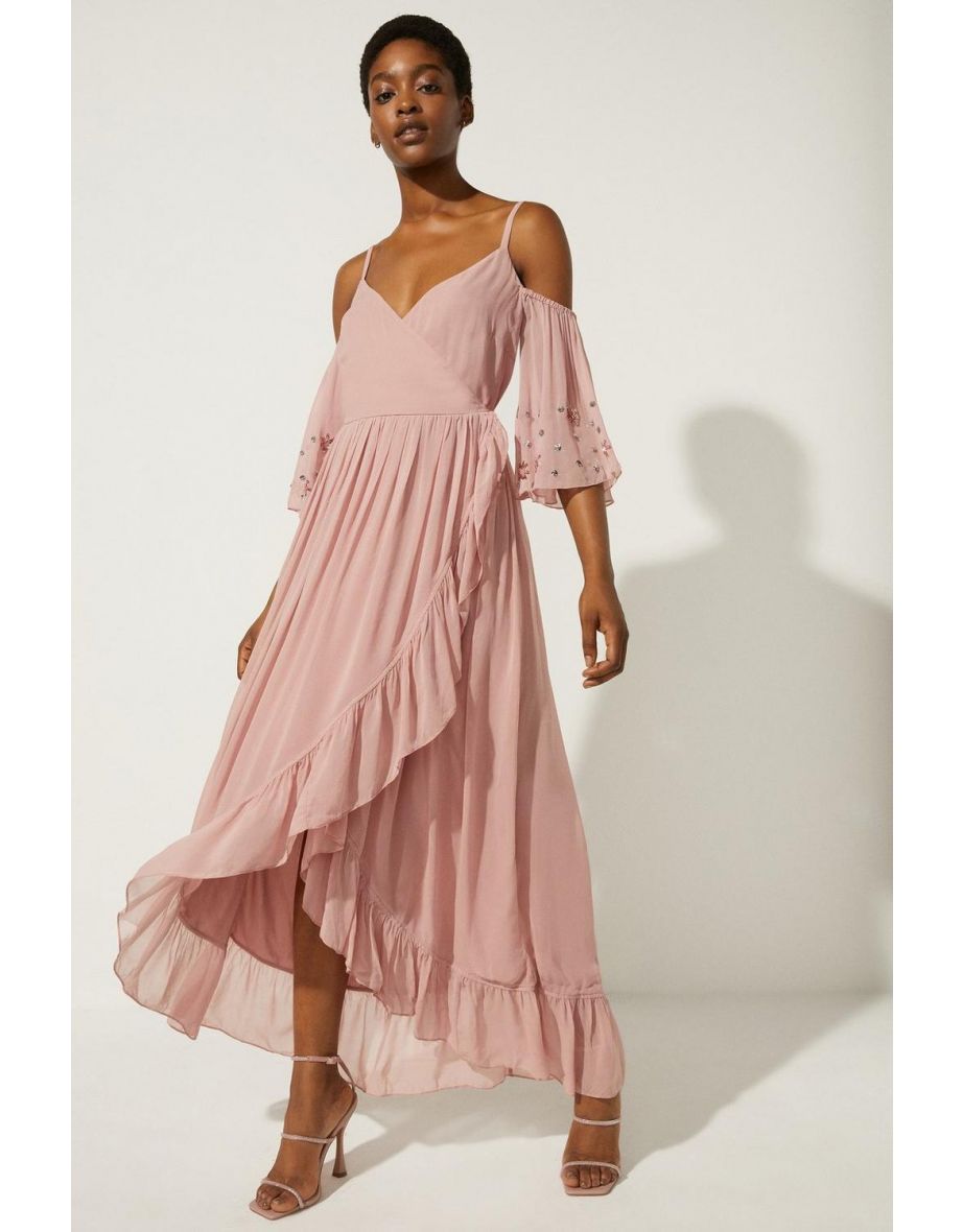Embellished Cold Shoulder Wrap Midi Dress