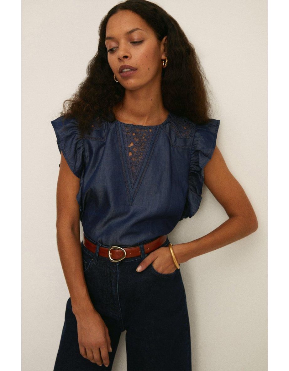 Lightweight Denim And Lace Blouse