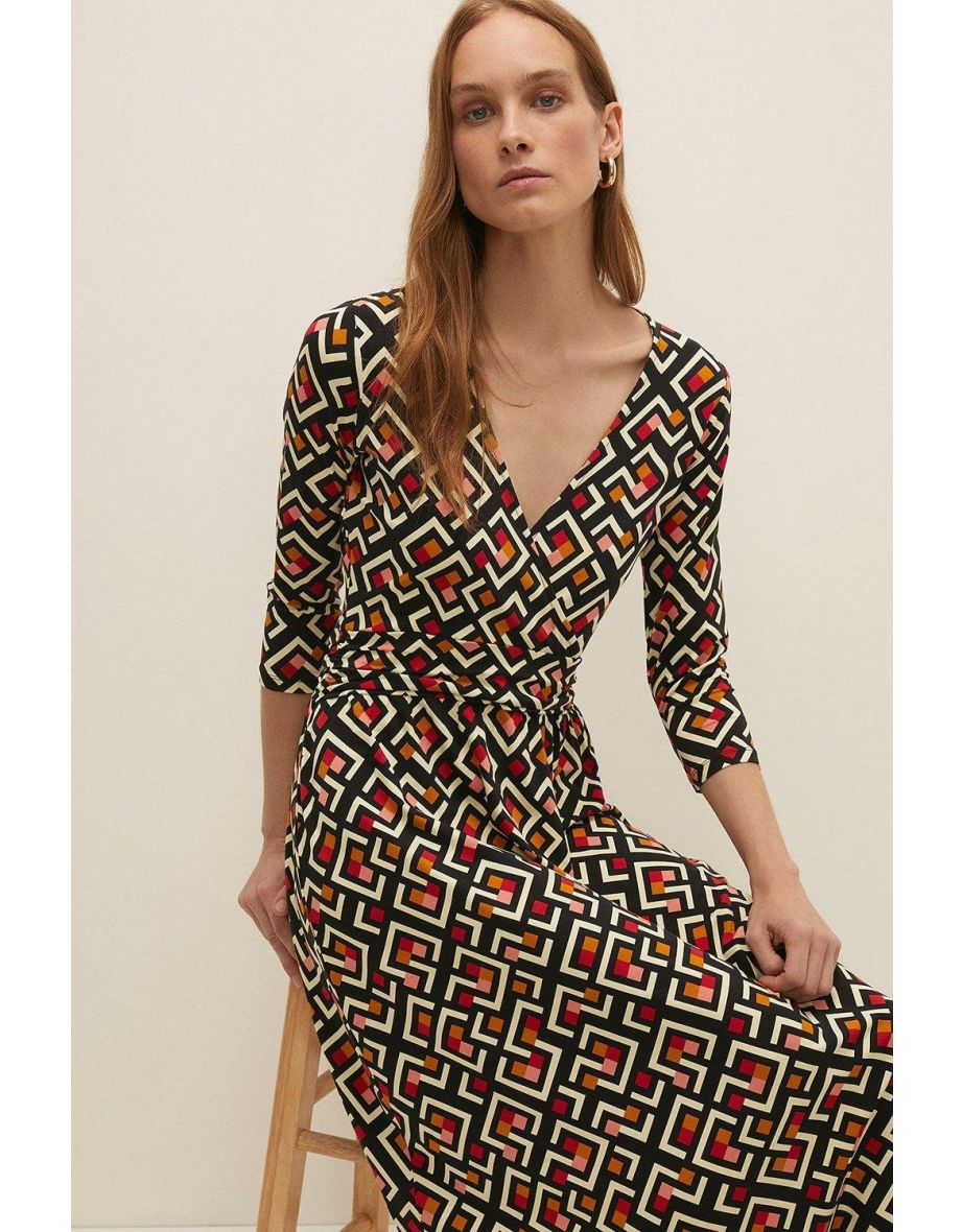 Geo Print Fixed Wrap Jersey Midi Dress