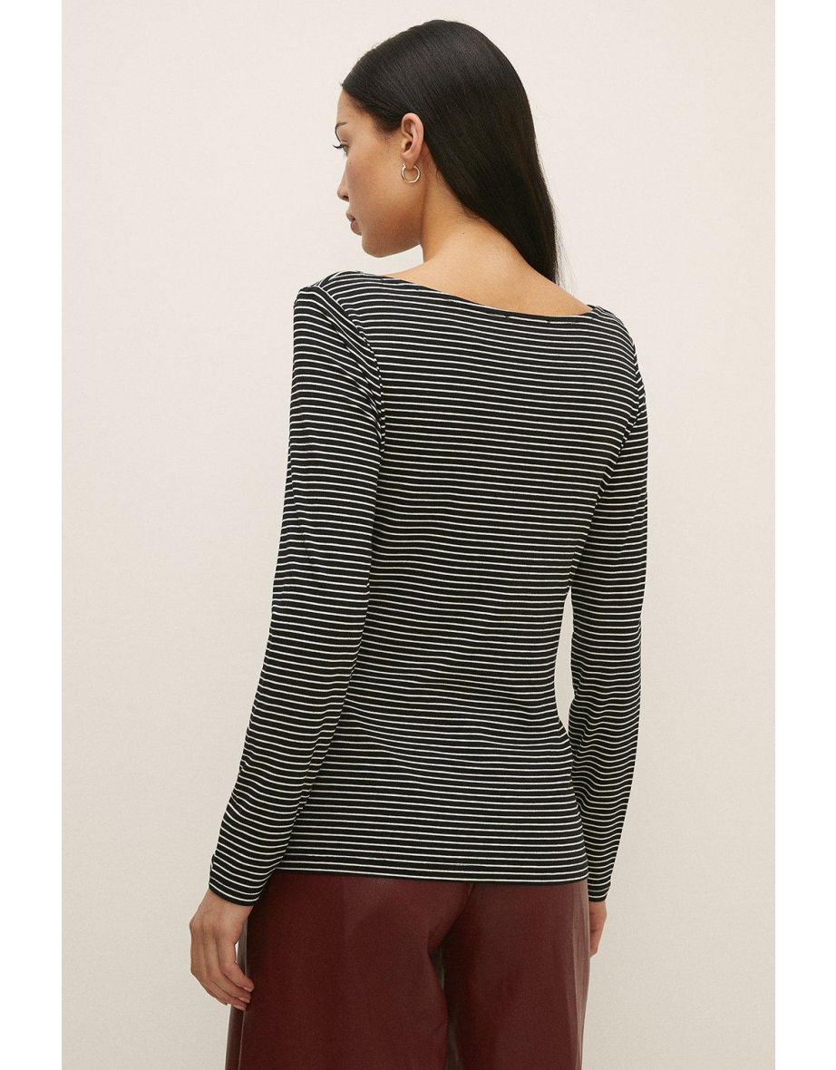 Jersey Stripe Slash Neck Long Sleeve Top - 2