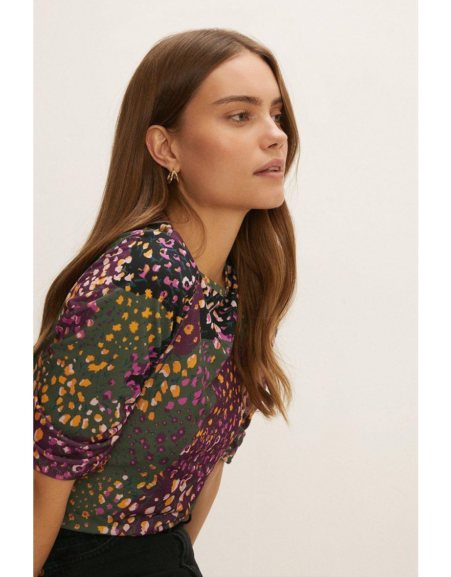 Slinky Jersey Floral Gathered Sleeve Top