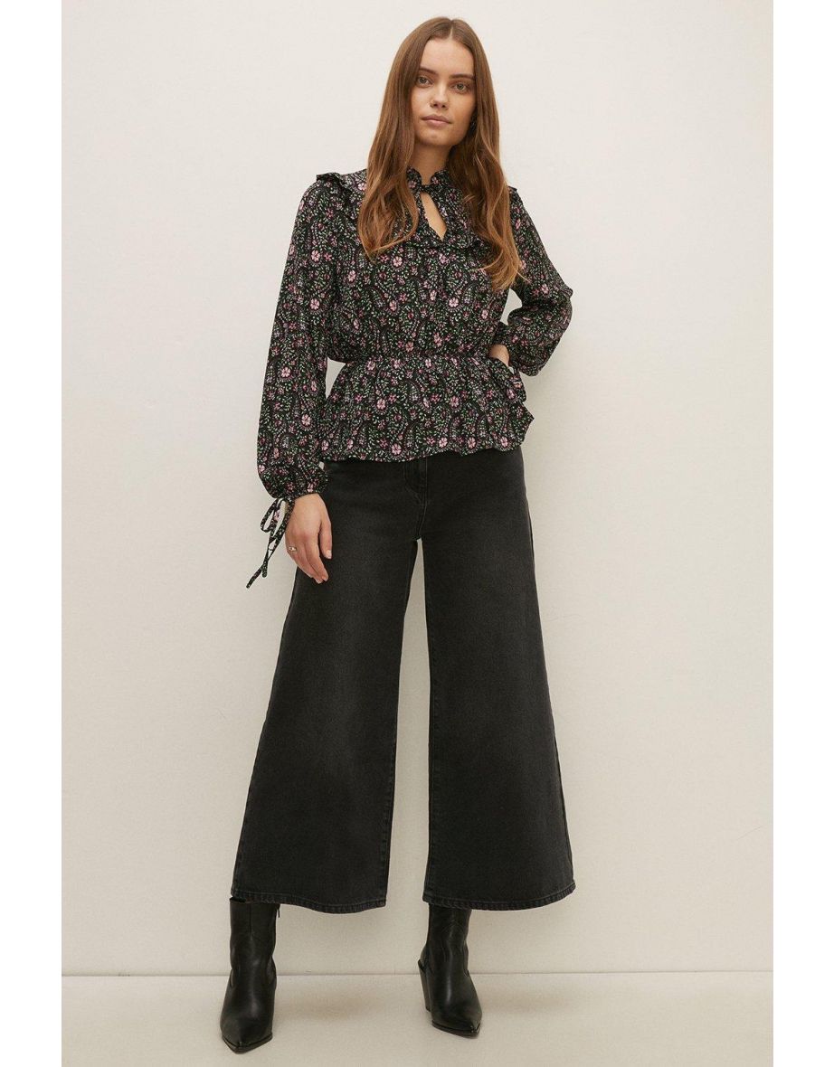 Frill Ruffle Tie Detail Peplum Printed Top
