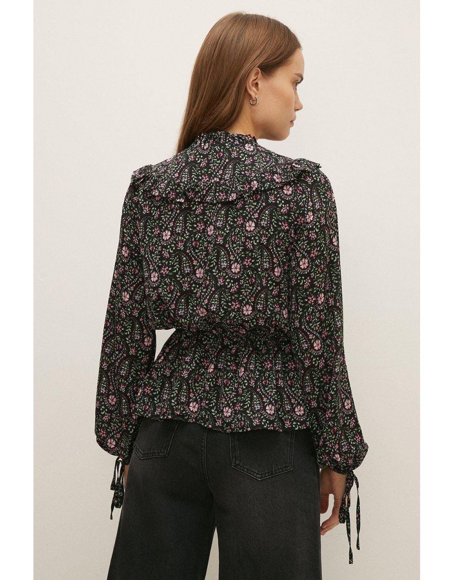 Frill Ruffle Tie Detail Peplum Printed Top - 2