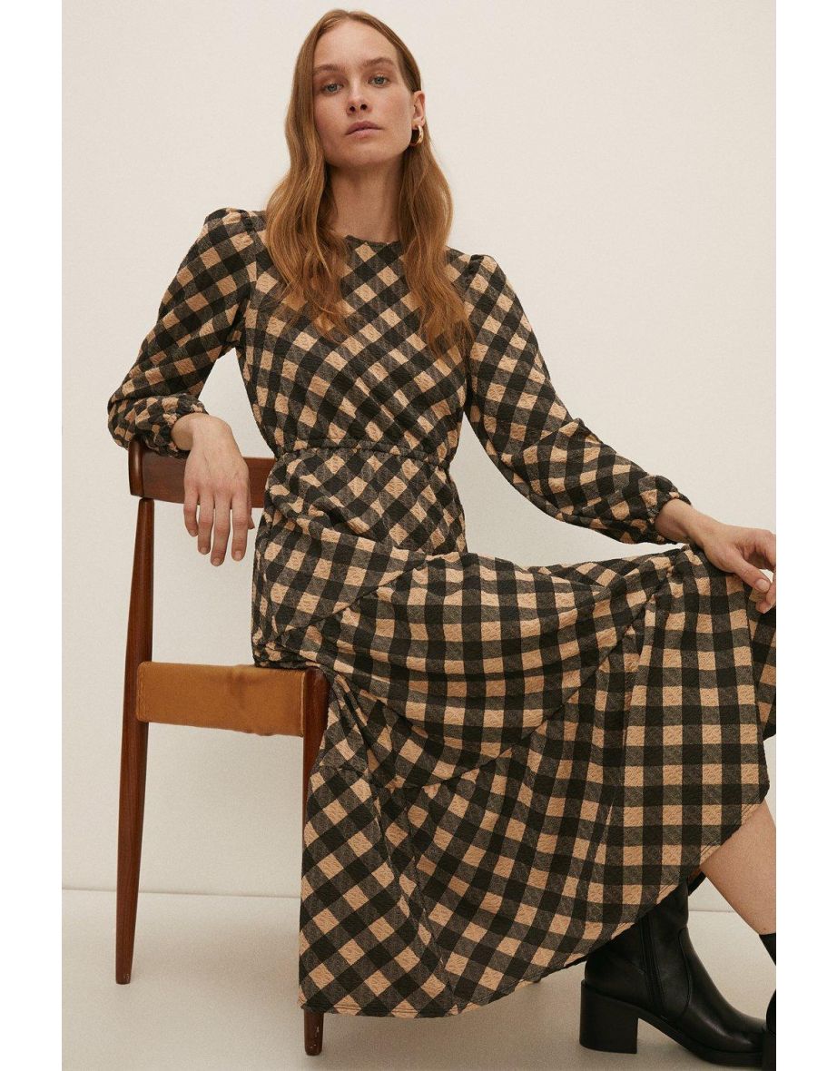 Printed Check Textured Tiered Midi Dress
