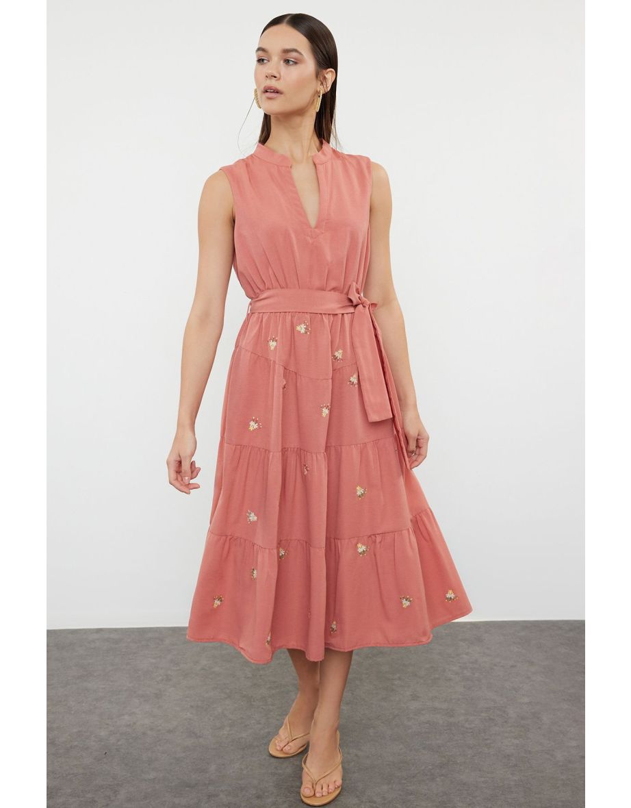 Tile A-Line Embroidered Midi Woven Dress