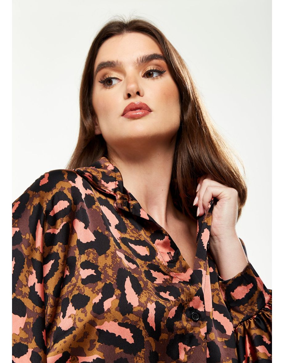 Women's Divine Grace Shirt with Front Tie in Brown & Coral Leopard Print - 4