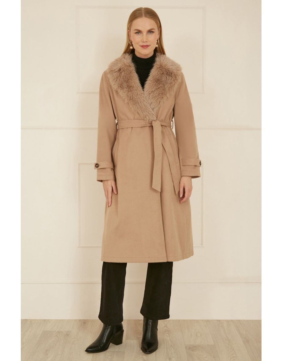 Yumi Beige Wrap Around Coat With Faux Fur Collar