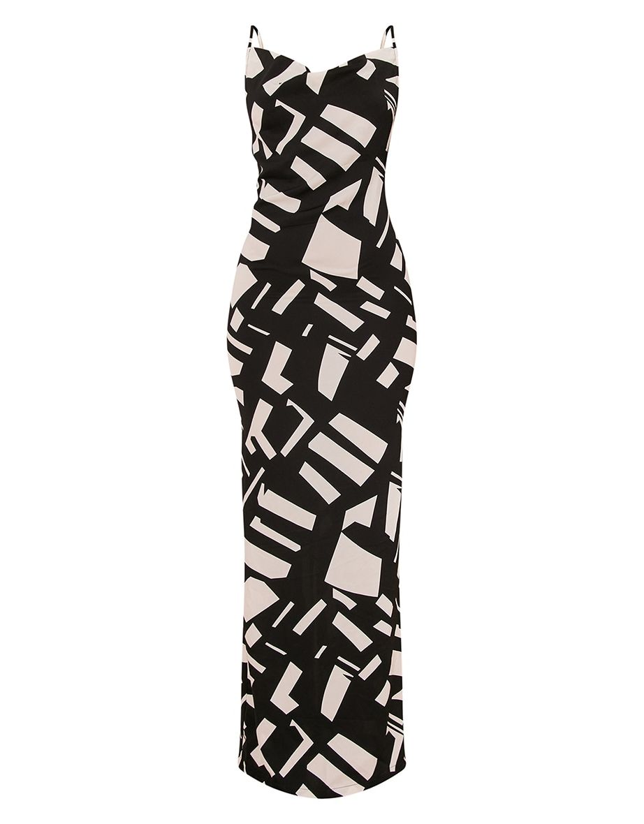 Black Abstract Print Satin Cowl Neck Maxi Dress - 4