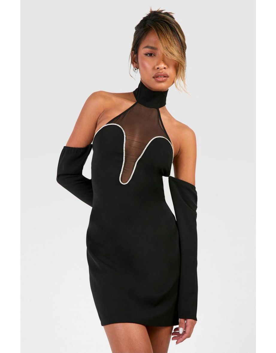 Diamante Trim Halterneck Mini Dress - black