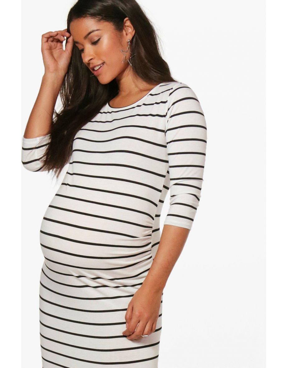 Maternity Rebecca Striped Long Sleeve Midi Dress - BLACK - 3