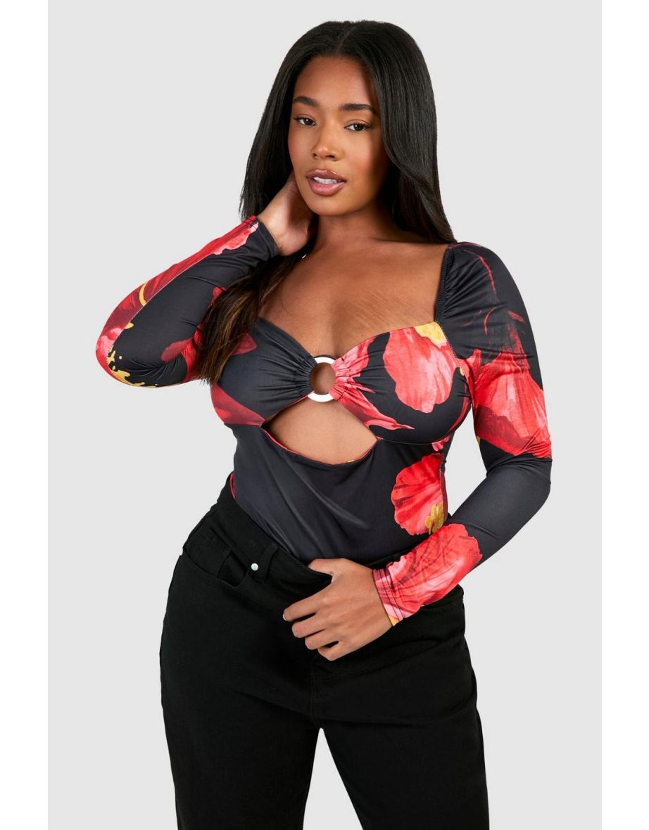 Plus Long Sleeve Ring Detail Bodysuit - floral