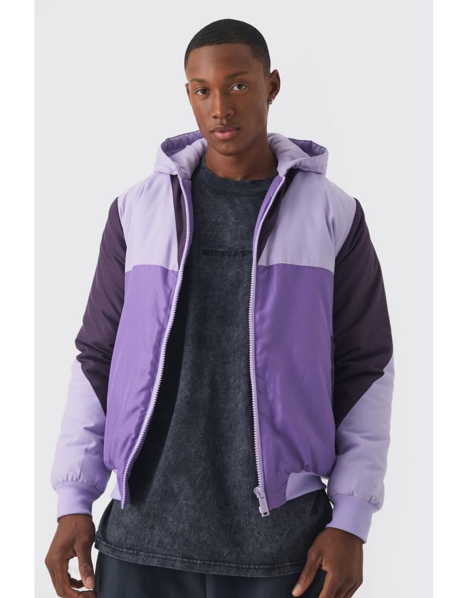 Colour Block Hooded Padded Bomber In Purple