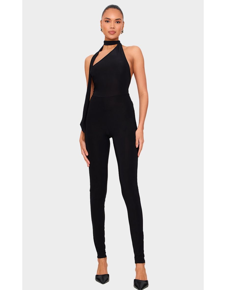 Black Double Layer Slinky One Shoulder Jumpsuit