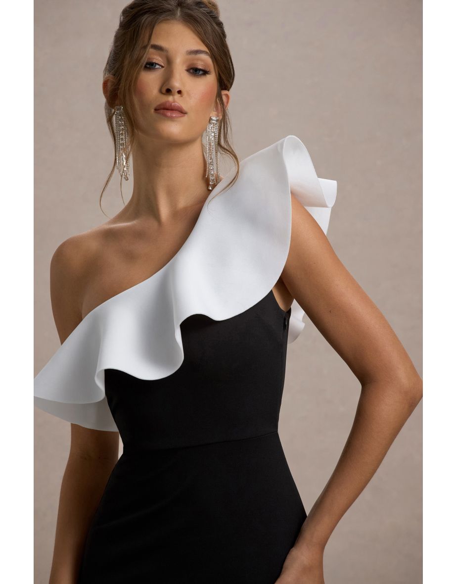 Berkley | Black & White Ruffled One-Shoulder Maxi Dress - 5