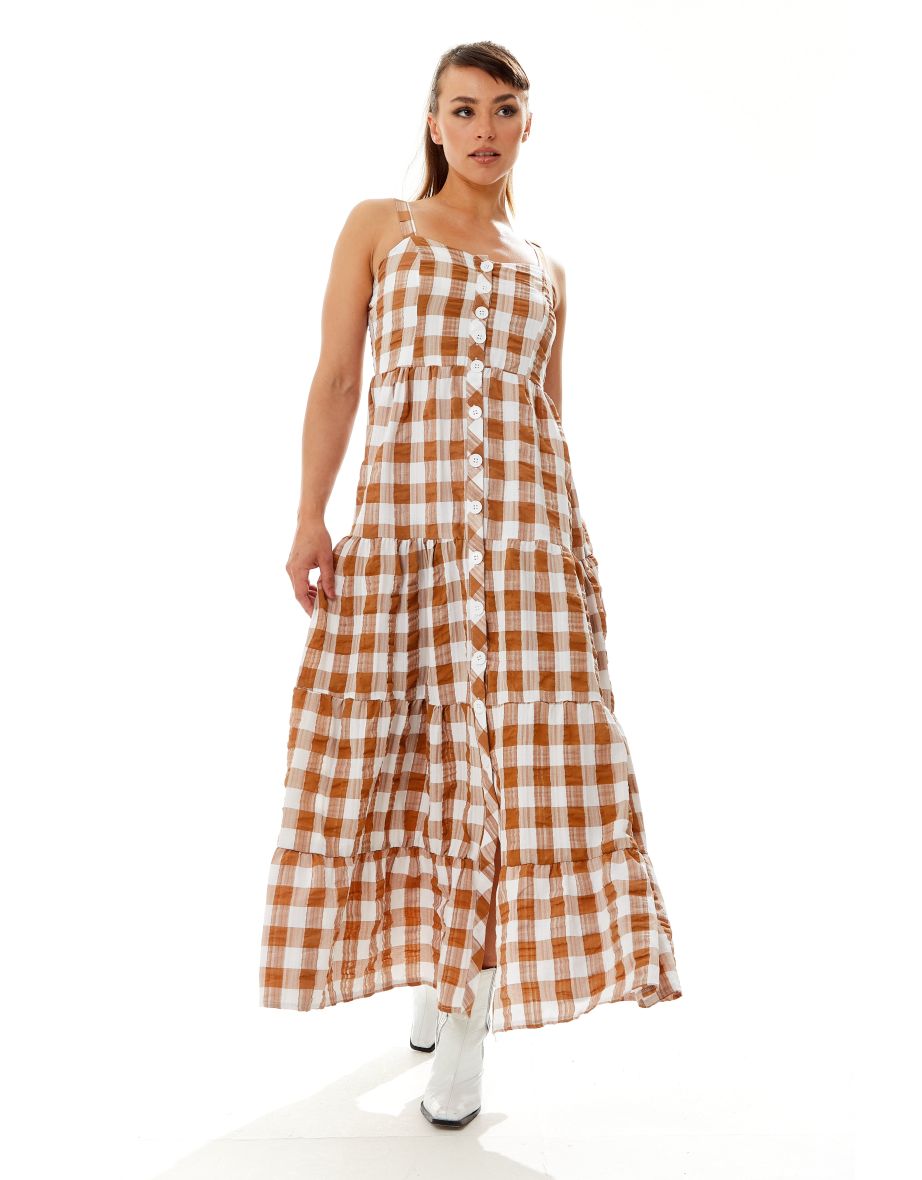 Women's Maxi Dress with Button-Up Front and Fluid Movement in Brown and White. - 5
