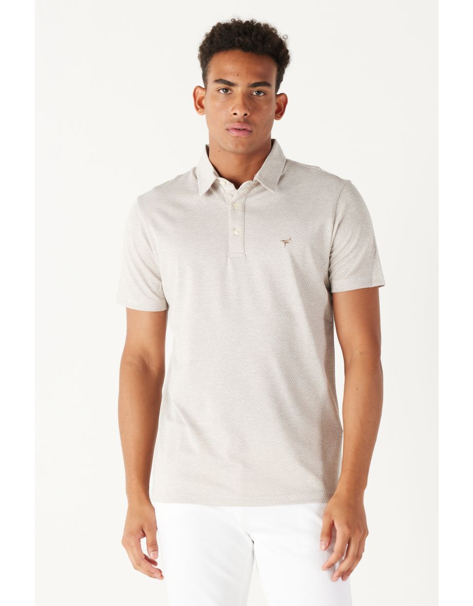 Men's Mink-white Easy to Iron Slim Fit Slim Fit Polo Neck Short Sleeve Jacquard T-Shirt