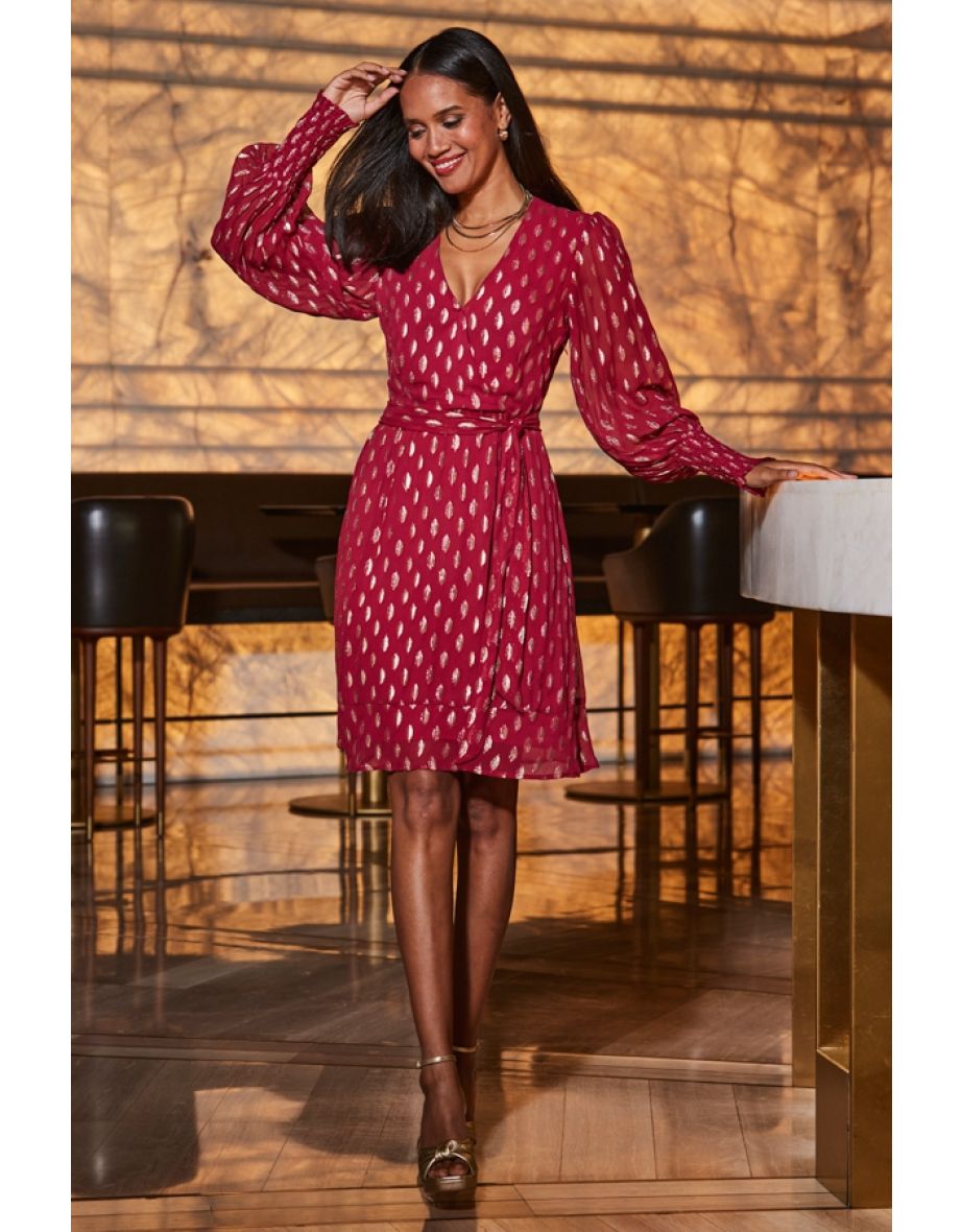 Shop Raspberry Pink Gold Metallic Spot Print Belted Wrap Dress Online in Qatar VogaCloset