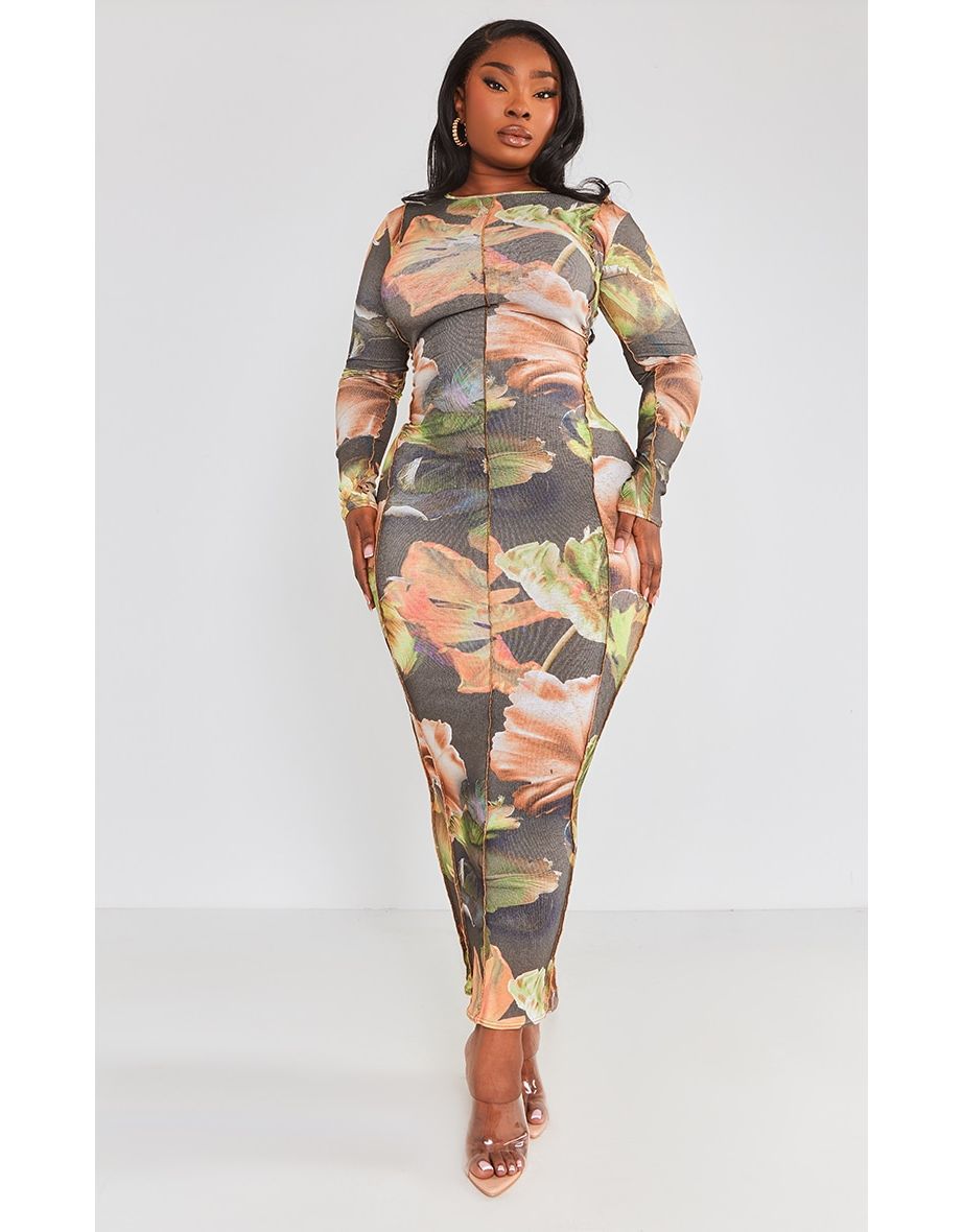 Plus Khaki Multi Floral Print Overlock Detail Long Sleeve Maxi Dress
