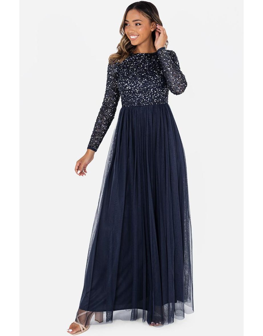 Maya Navy Embellished Long Sleeve Maxi Dress