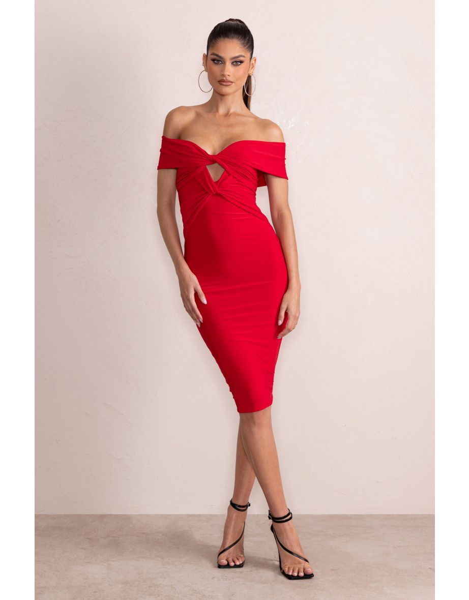 Hadley | Red Twist Detail Bardot Bodycon Midi Dress