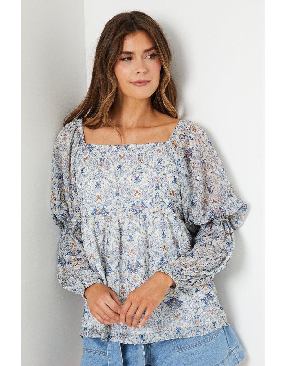Mirror Detail Tile Print Square Neck Top - 3