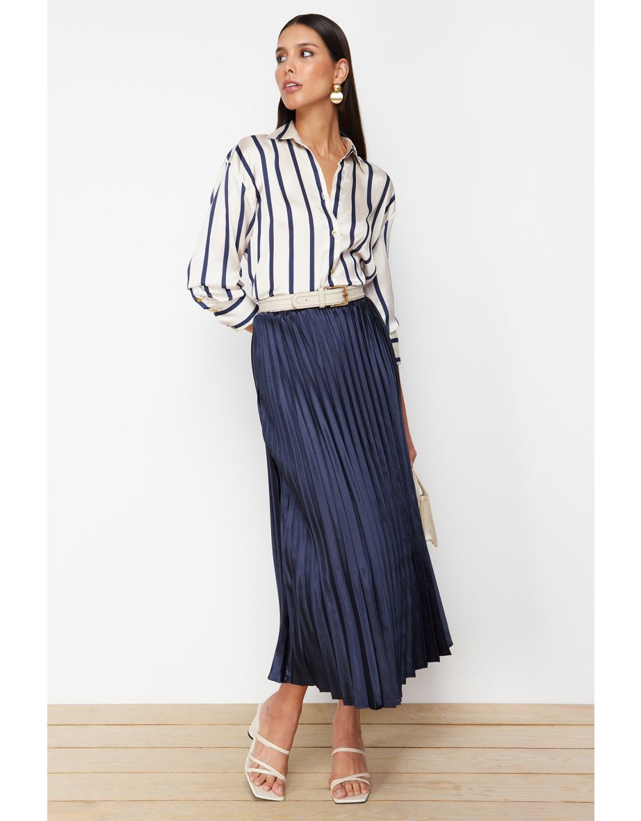 Navy Blue Pleated Satin Maxi Woven Skirt