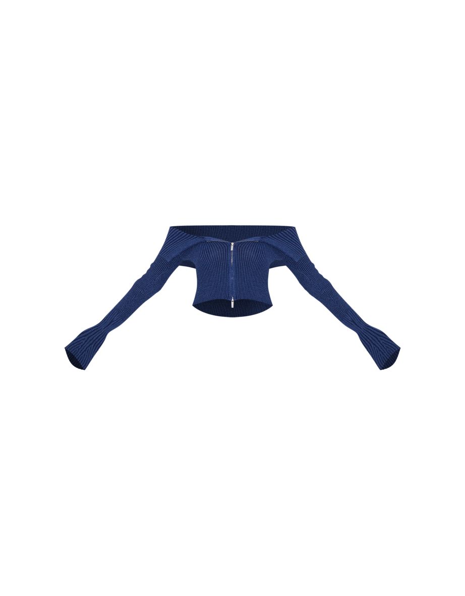 Navy Thick Rib Knit Foldover Zip Up Bardot Top - 4