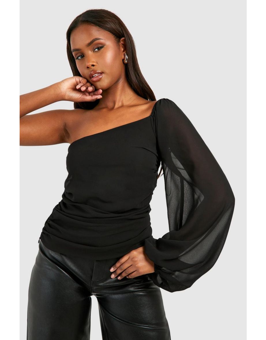 Shop Chiffon Balloon Sleeve One Shoulder Top - black Online