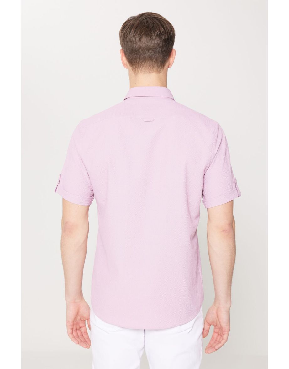 Men's Lilac Slim Fit Slim Fit Hidden Button Collar Short Sleeve Shirt - 5