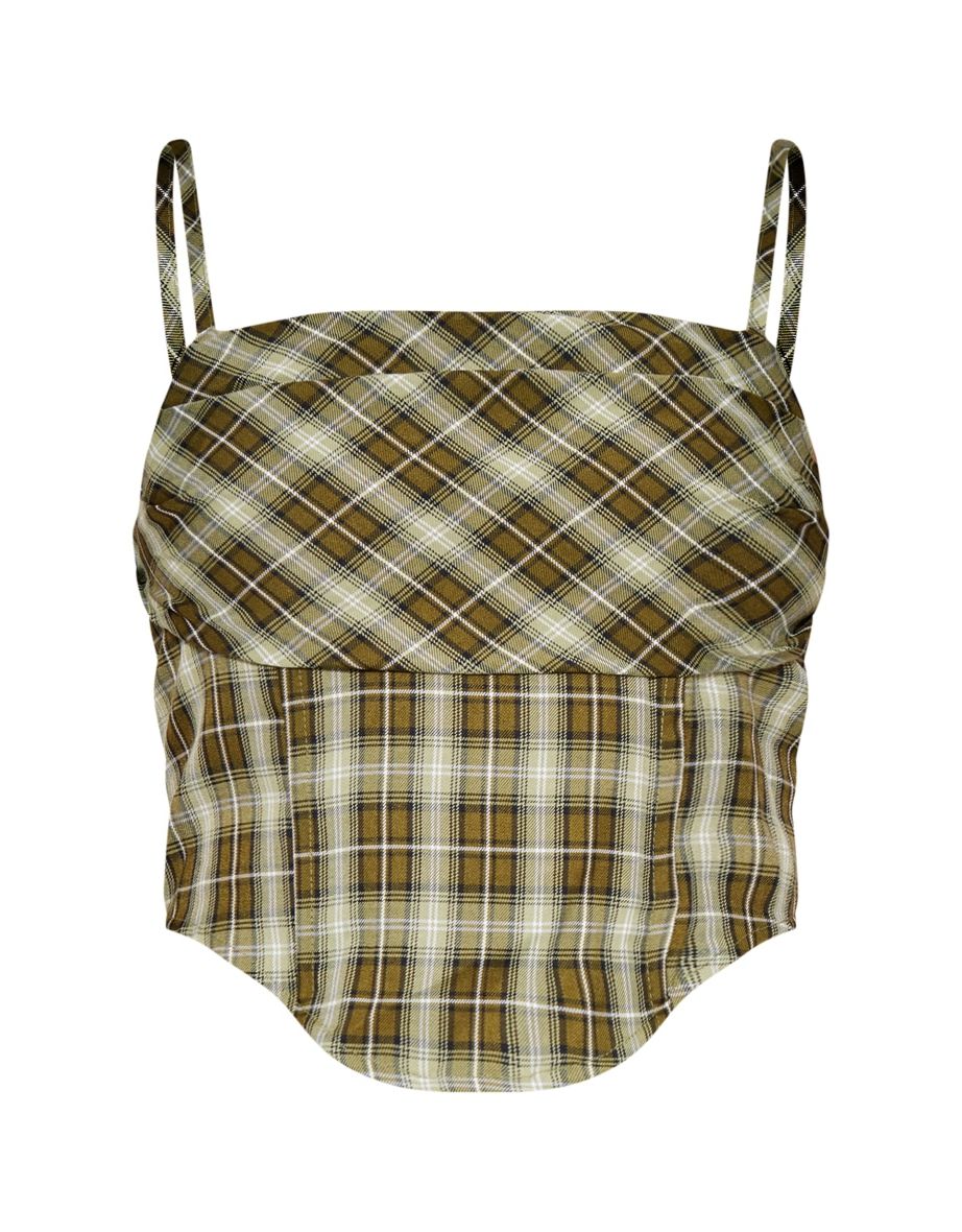 Green Checked Draped Front Corset Top - 4