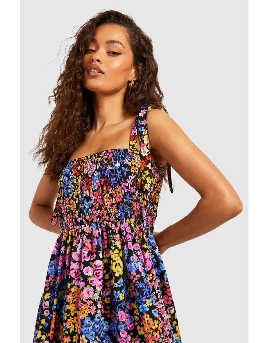 Pink Floral Ruched A-Line Maxi Skater Dress - 3