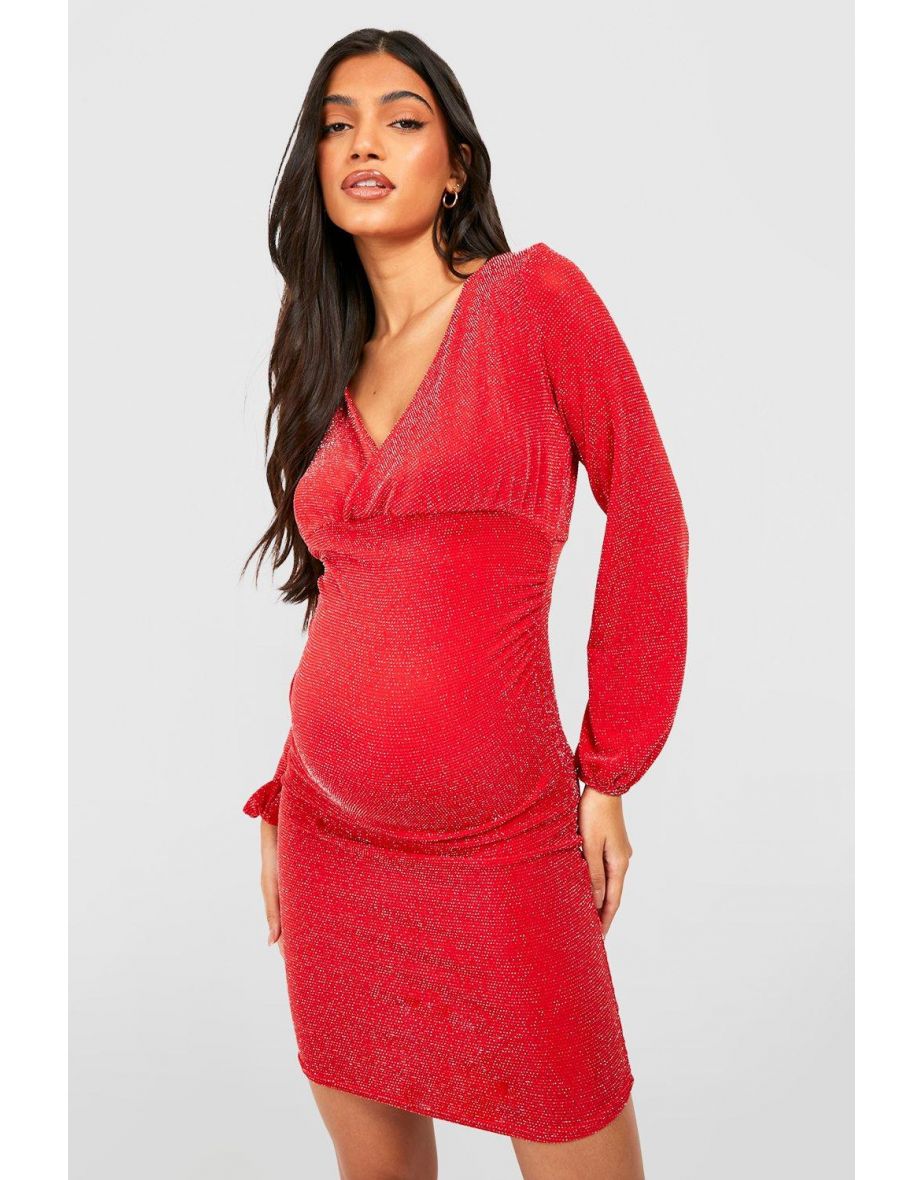 Maternity Glitter Wrap Mini Dress - wine
