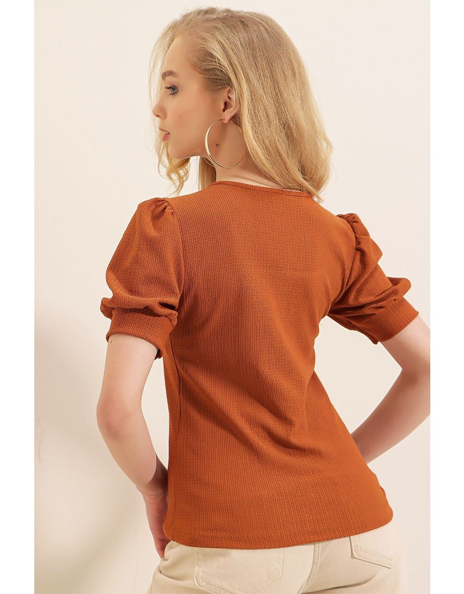 Square Collar Knitted Blouse - Tan - 5