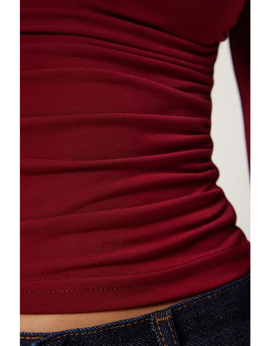 Women's Claret Red Spanish Sleeve Gathered Sandy Knitted Blouse - 4