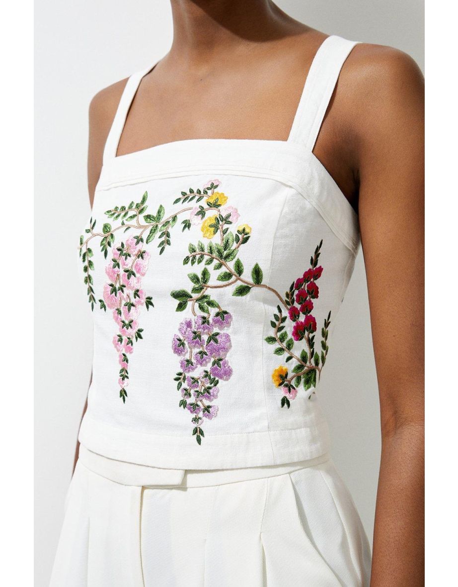 Floral Embroidered Cotton Linen Woven Strappy Top - 3