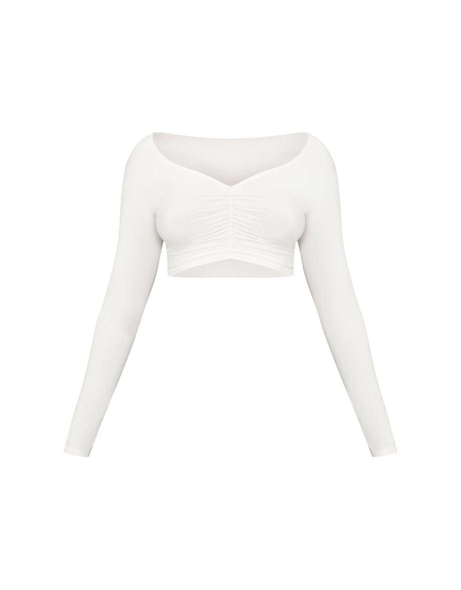 Cream Slinky Ruched Front Long Sleeve Crop Top - 4