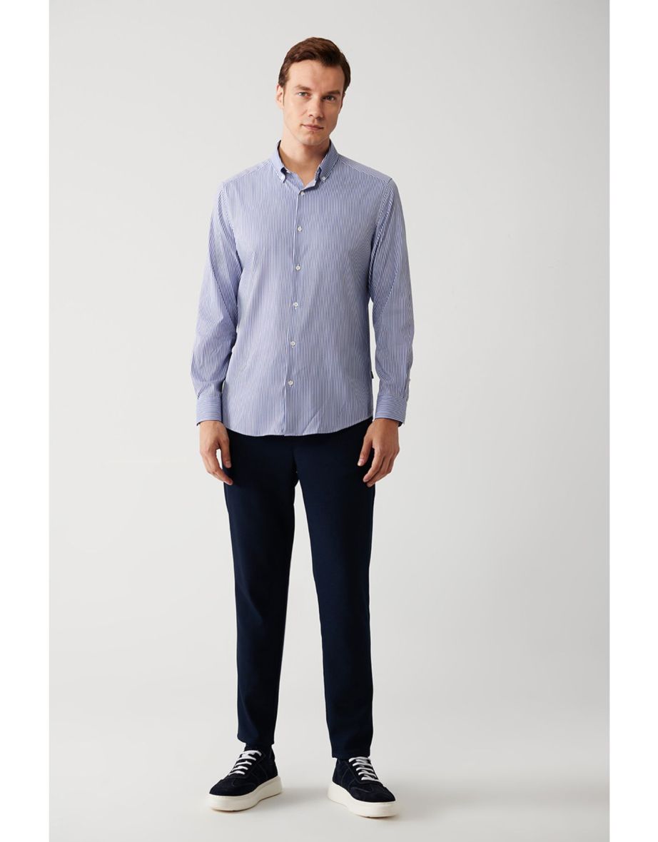 Men's Navy Blue Striped Non-Wrinkle Travel Shirt - 5