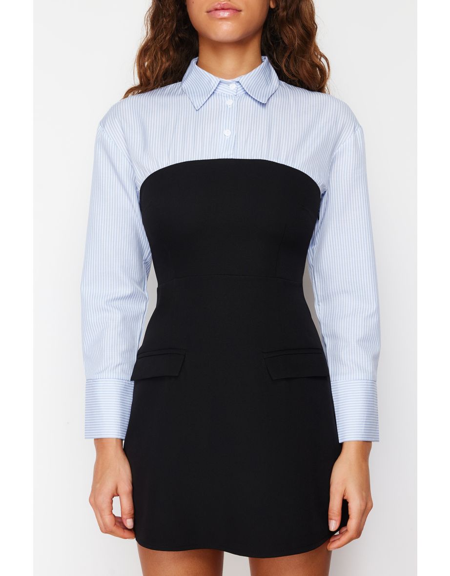 Black Strapless Detailed Mini Woven Shirt Dress - 7